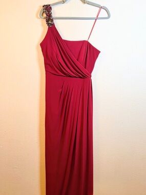 R&M Richards Garnet One-Shoulder Evening Gown with Beaded Strap